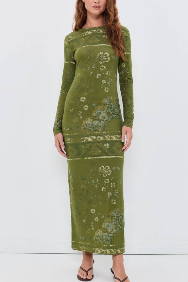 Vintage Botanical Floral Print Long‑Sleeve Fitted Knit Midi Dress