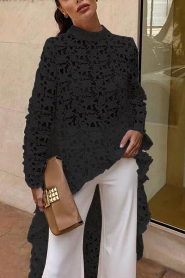 White Crochet Lace Cutout Long Sleeve Top Black
