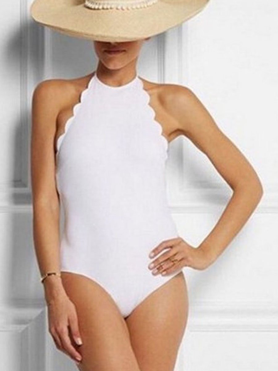 Flounce Design High Neck Halter One-piece Swimsuit (2 Colors) White