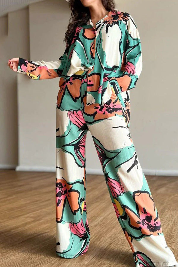 Printed Commuter Shirt High Waist Wide Leg Pants Set multicolor