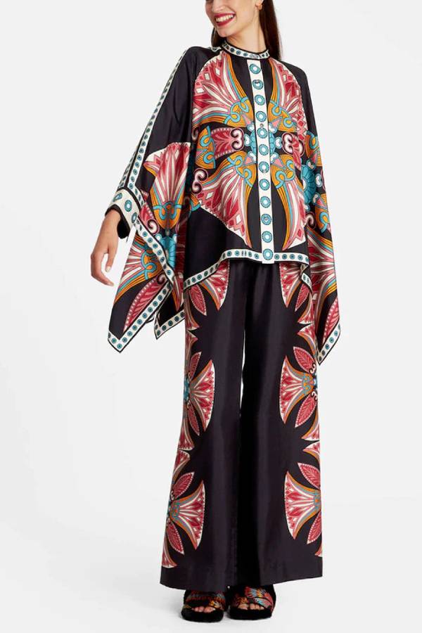 Fine Satin Floral Print Batwing Sleeve Pants Set - Black-red flowers Black-red One Size