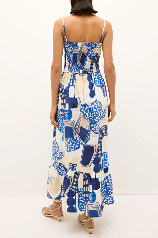 Art Geometric Print Spaghetti Strap Ruffle Midi Dress