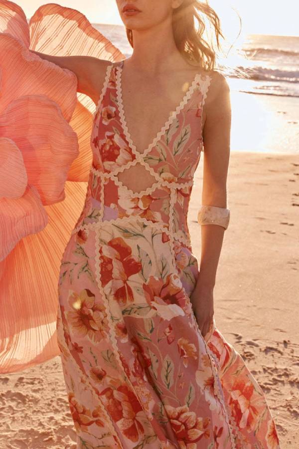 V‑Neck Cutout Lace Trim Floral Print Vacation Maxi Dress