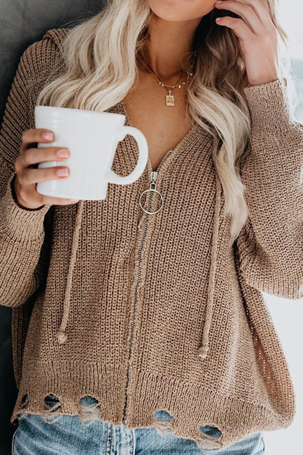 Hooded Zipper Irregular Loose Sweater Khaki