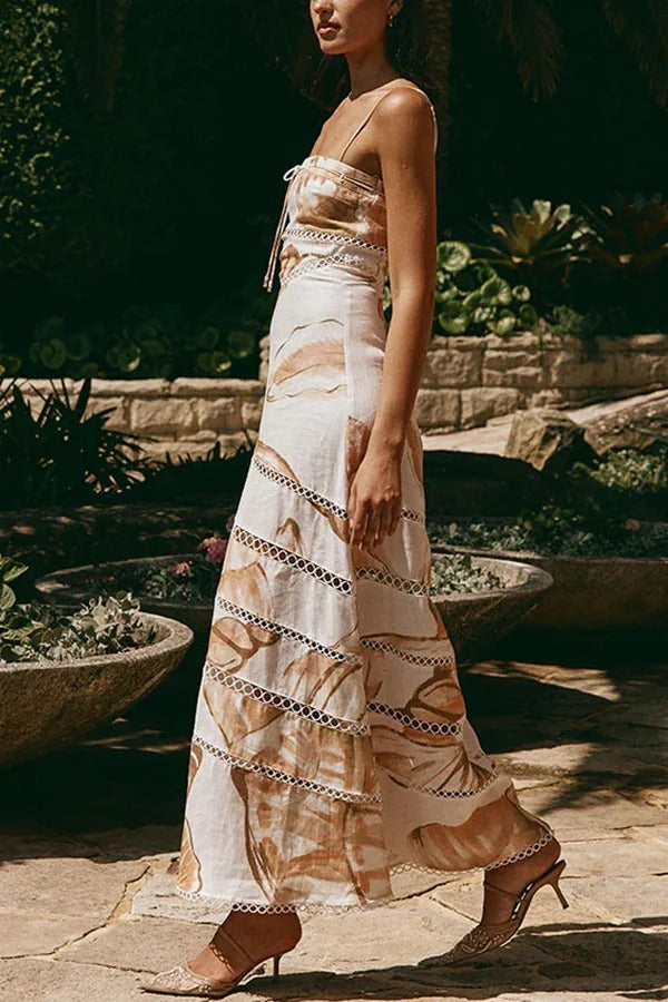 Daje Linen Blend Unique Print Round Hollow Trim Tie-up Bust Slip Maxi Dress