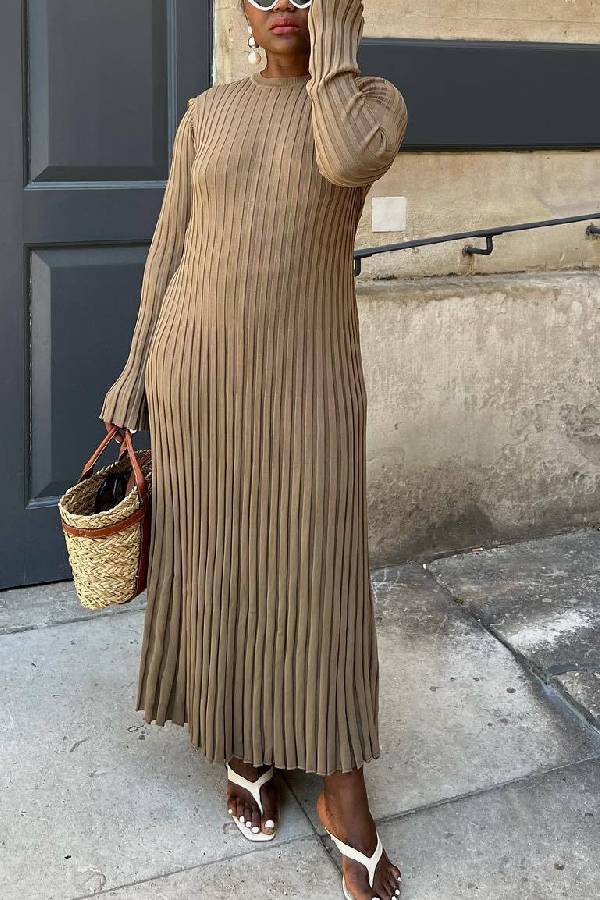 Big Pit Stripe Slimming Long sleeve Long Dress Beige