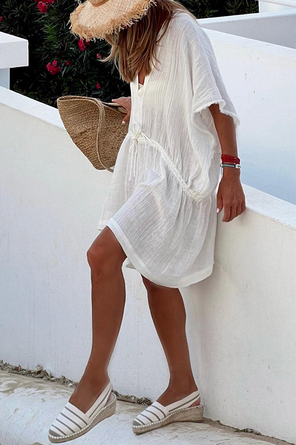 Drawstring Short Sleeve Dress White
