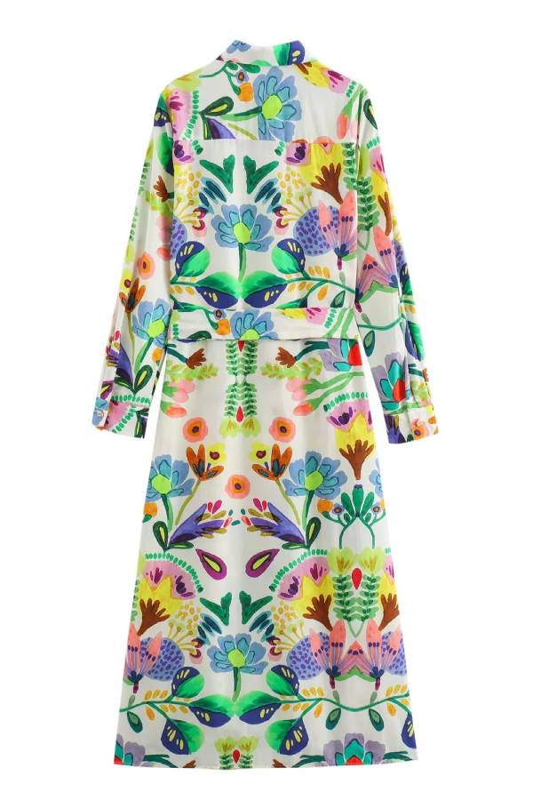 Fashion Belted Floral Print Shirt Dress