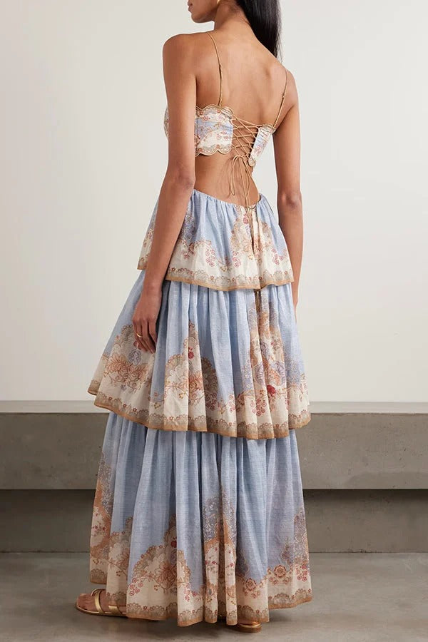 Daylight Unique Print Cutout Waist Back Lace-up Tiered Hem Maxi Dress