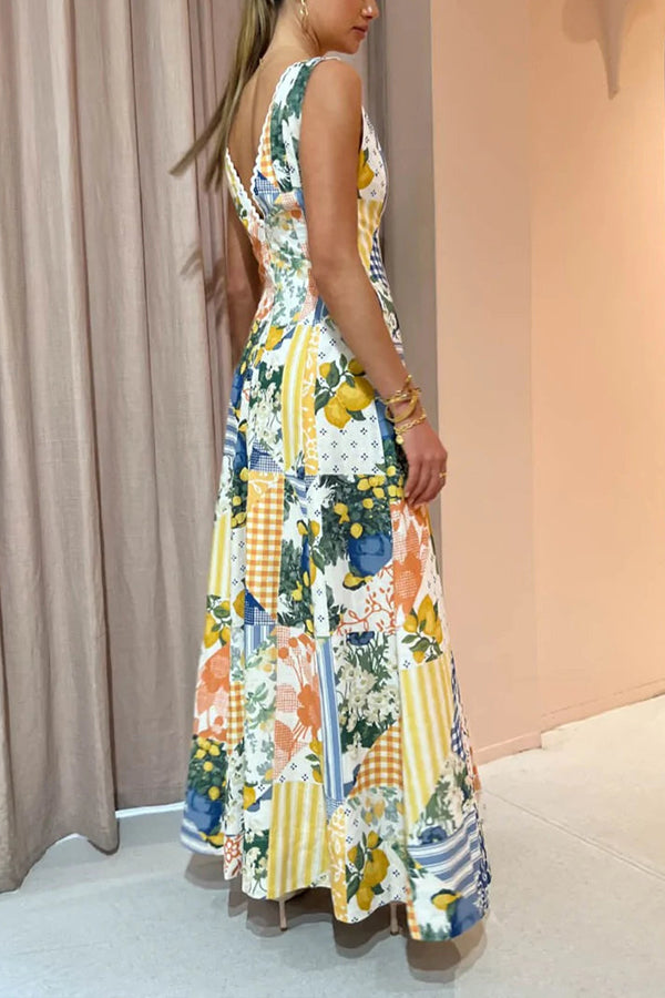 Eternal Italian Paradise Linen Blend Patchwork Print Pocketed Maxi Dress