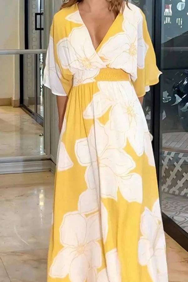 Yellow Base Big Floral V Neck Open Back High Slit Vacation Maxi Dress