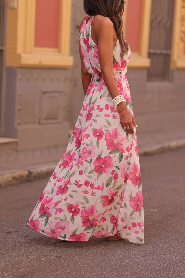 Halter Waist‑Tie Floral Print Maxi Dress