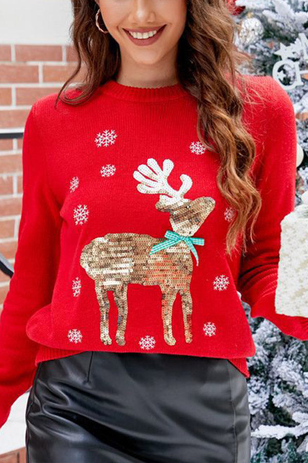 Cute Christmas knitted sweater with deer embroidery red elk