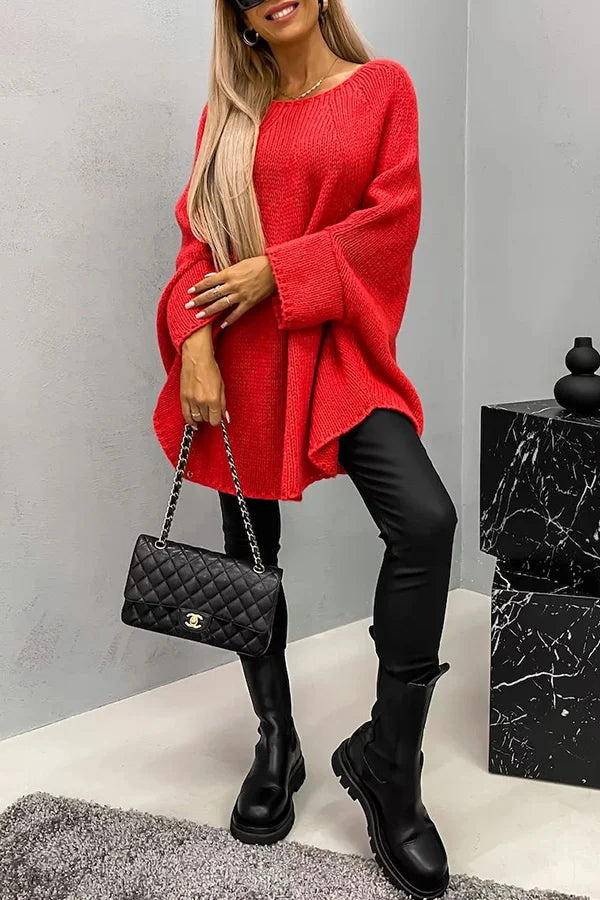 Remember Me Knit Crew Neck Poncho Loose Sweater Red