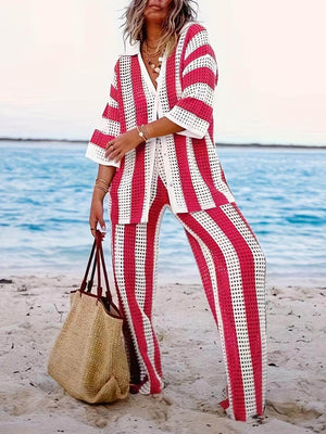 Ensemble chemise ample à rayures et col en V ajouré à la mode avec pantalon à jambes larges