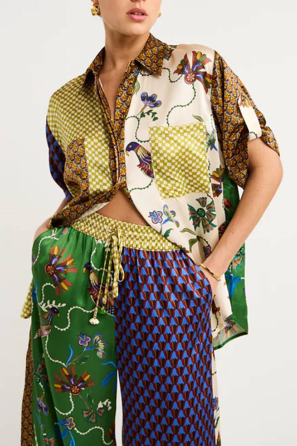 Retro Color-Block Printed Satin Shirt & Wide-Leg Pants Set