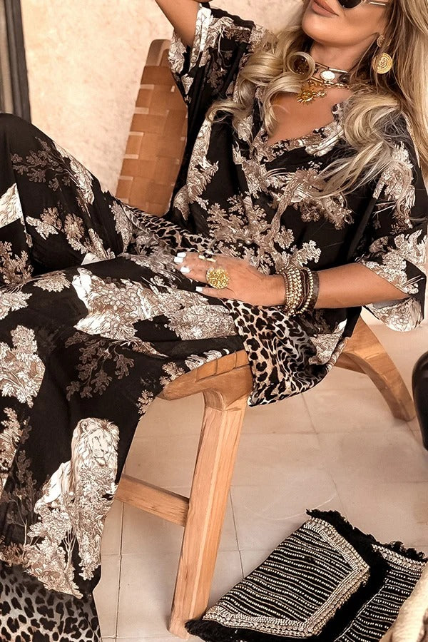 Tree Shadow Print V-Neck Short Sleeve Loose Top and Elastic Waist Casual Wide Leg Pants Set