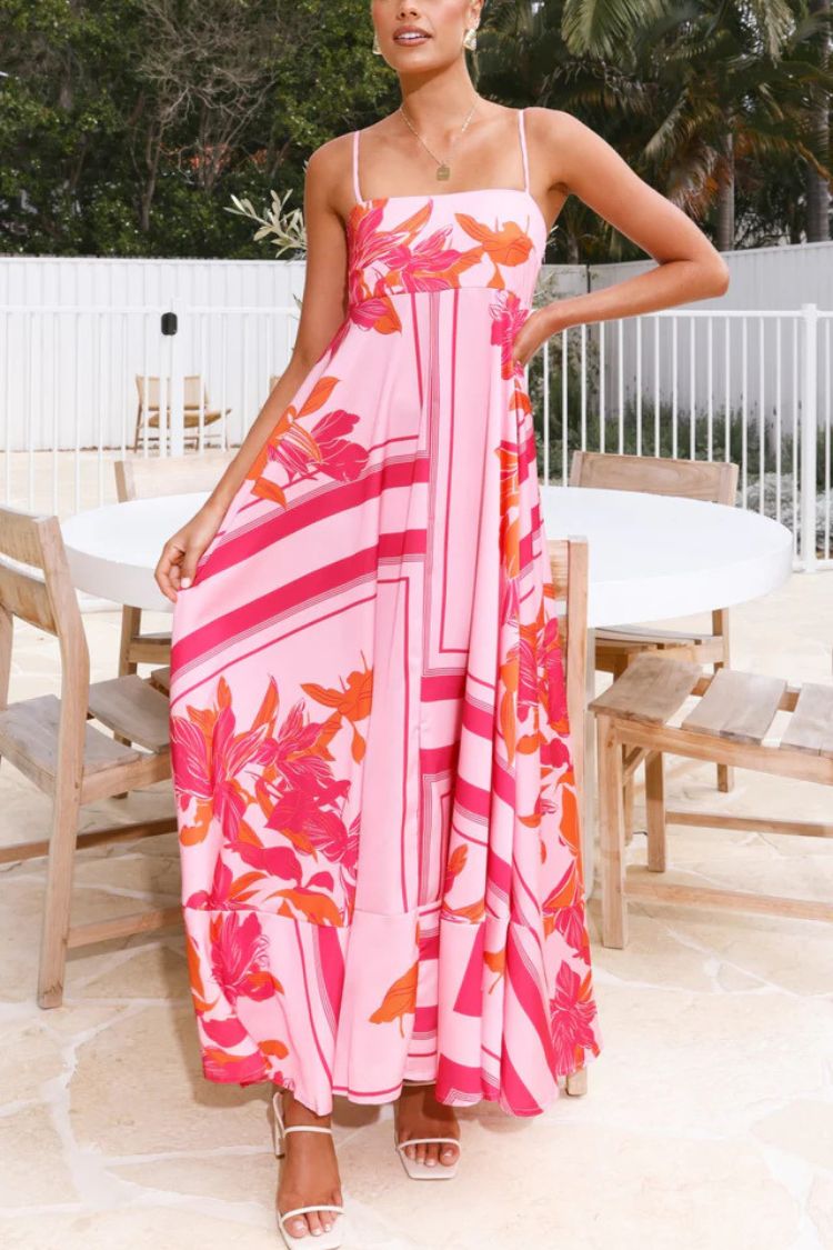 Botanical Print Square Neck Suspender Casual Full Hem Maxi Dress