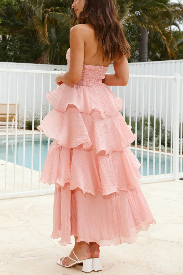 Pure Color Sexy Tube Top Backless Multi-layered Maxi Dress