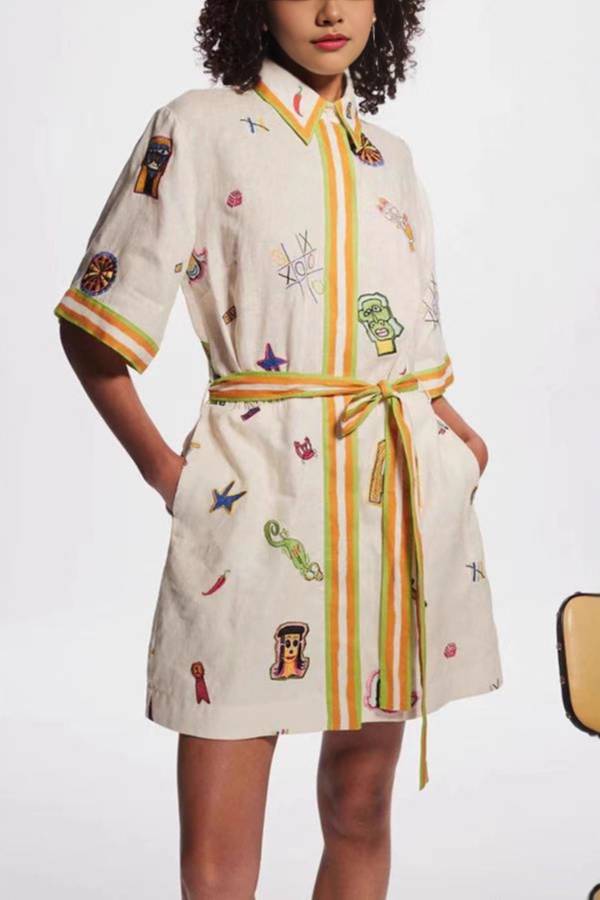 Playful Cartoon Embroidered Contrast Stripe Tie Shirt Dress