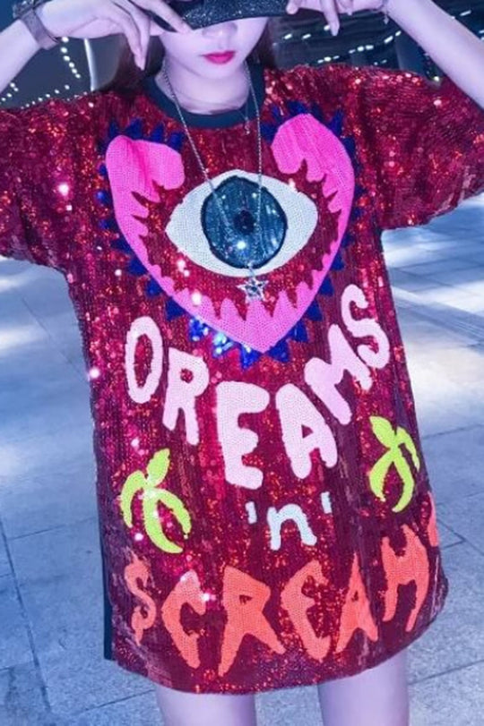 Love Eyes Letters Sequined Round Neck Short Sleeve Mid-Length Loose T-Shirt Red ONE-SIZE