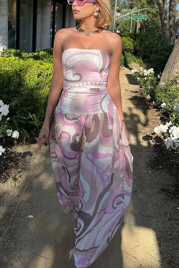 Gorgeous Pastels Unique Print Off Shoulder Low Rise Loose Maxi Dress
