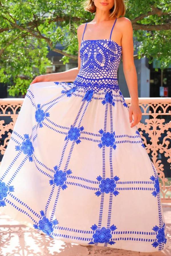 Blue-and-White Geometric Print Strapless Maxi Dress
