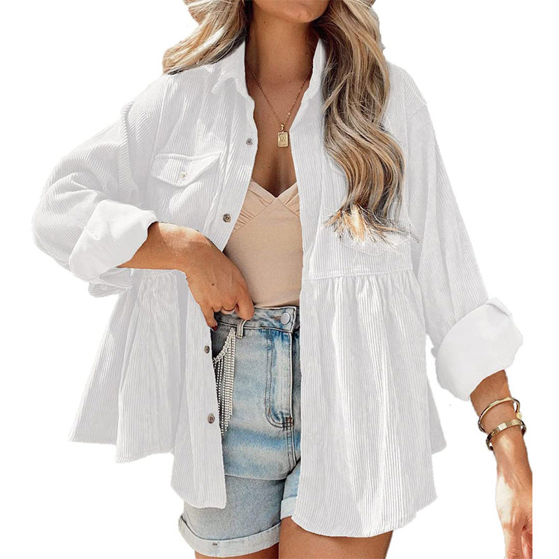 women's long sleeve corduroy ruffled shirt top button down shirt White