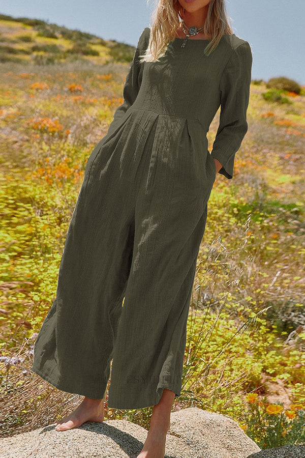 Multicolor loose round neck casual wide leg jumpsuit Green