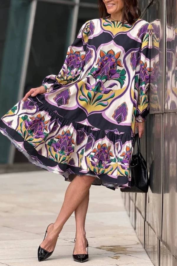 Vintage Print Lantern Sleeve Loose Midi Dress