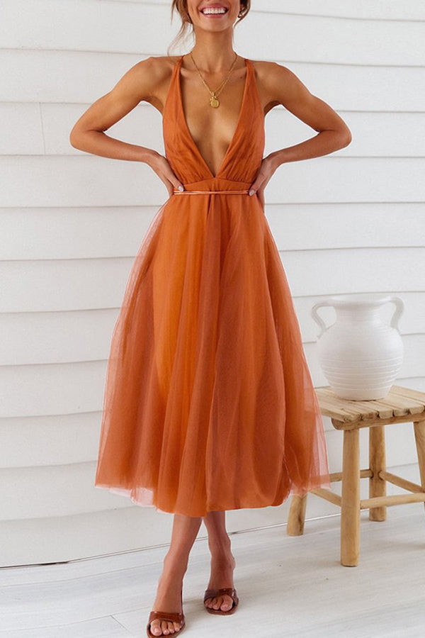 Summer Sexy Mesh Dress V-Neck Flowy Dress Dress Orange