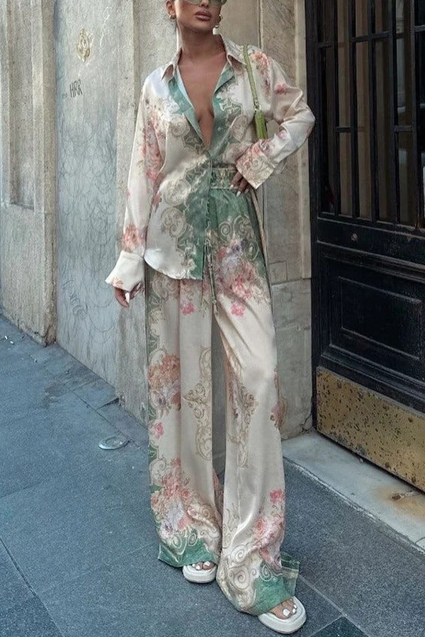 Antibes Satin Court Unique Printed Long Sleeve Loose Shirt and Elastic Waist Pants Set Green