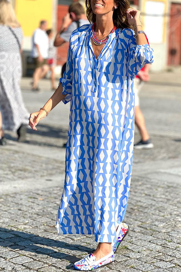 Cropped Bud Sleeve V-Neck Dress Blue