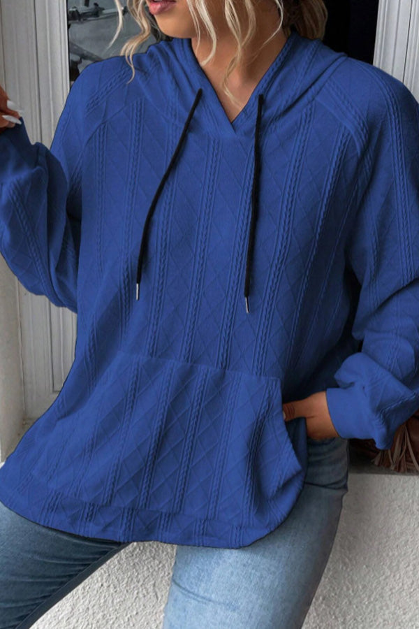Casual Jacquard Patch Pocket Oversized Loose Hooded Sweatshirt Navy blue