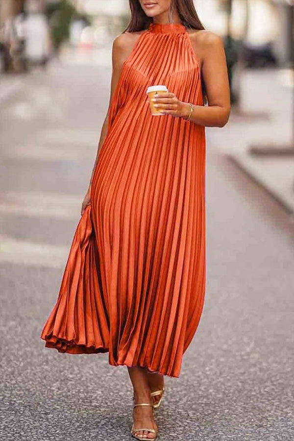 Take Me There Pleated A-line Loose Midi Dress Orange