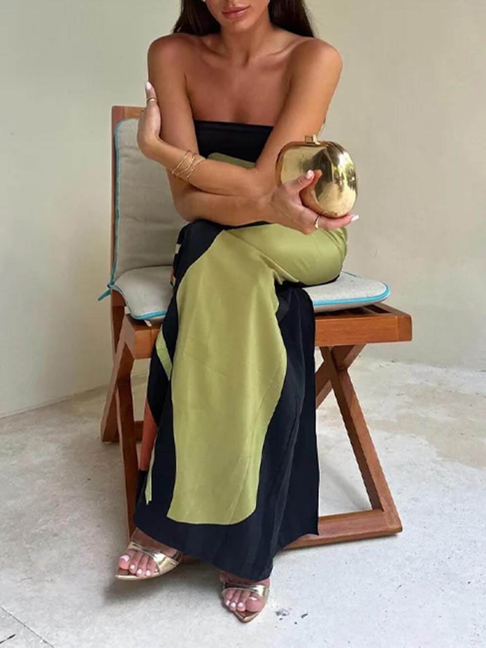 Robe longue imprimée sans manches à épaules dénudées et contraste tendance