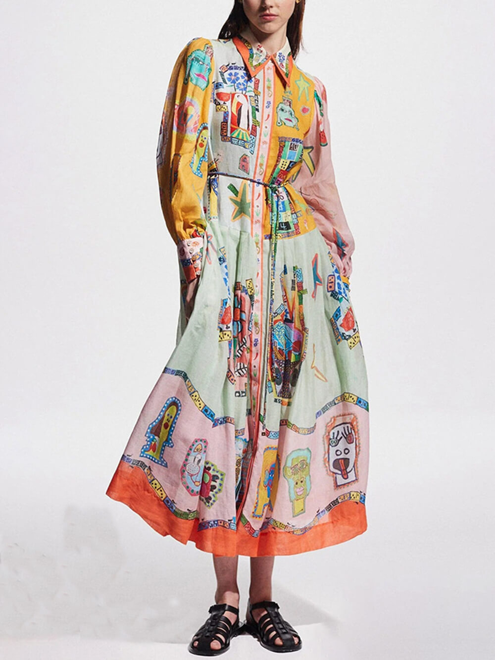 Einzigartiges Print-Farbblock-Midikleid mit Ballonärmeln und Gürtel