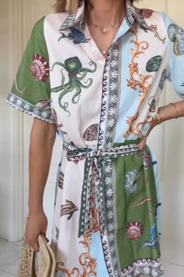 Turn-Down Collar Short Sleeve Color-Block Print Tie-Waist Shirt Dress