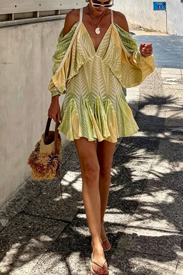Isla Linen Blend Unique Print Cutout Balloon Sleeves Pleated Hem Mini Dress
