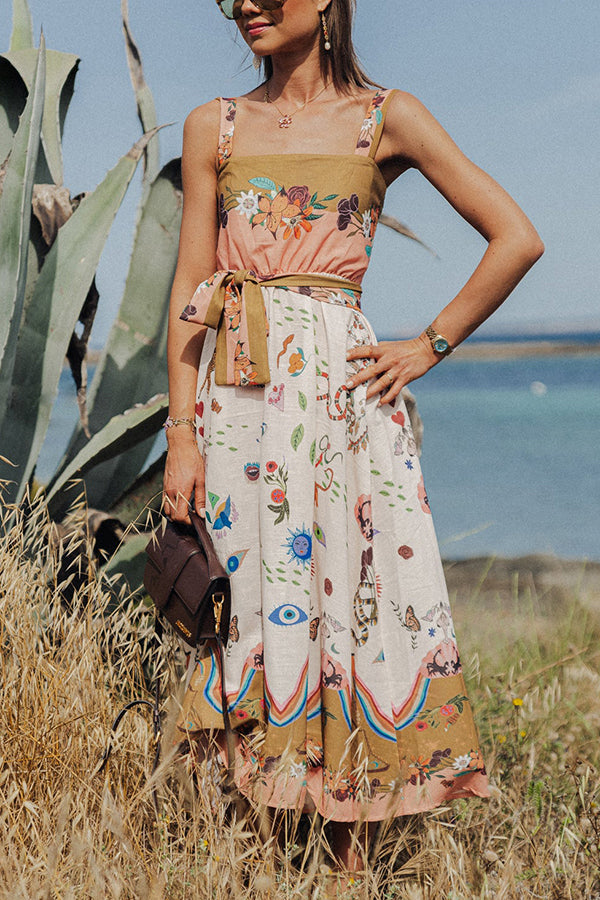 Summer Vibes Linen Blend Unique Print Smocked Belt Midi Dress White