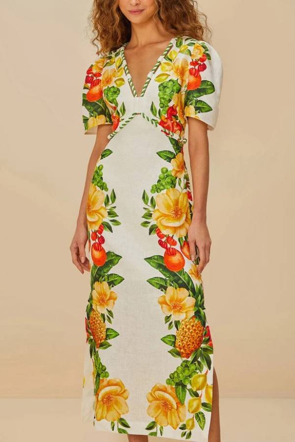 Picnic Flowers Linen Blend Floral Print Puff Sleeve Braided Rope Trim Maxi Dress