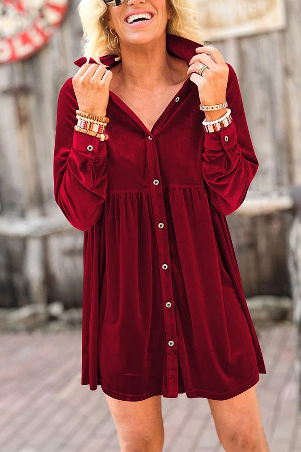 Long Sleeve Ruffle Velvet Button Up Shirt Dress Red
