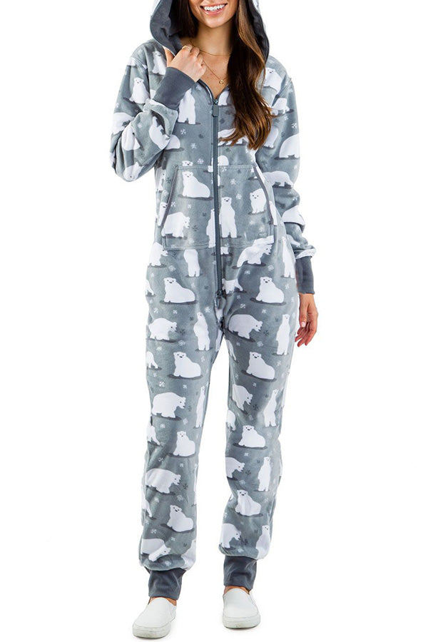 Christmas Print Zipper Pocketed Hooded Loungewear Jumpsuit 3