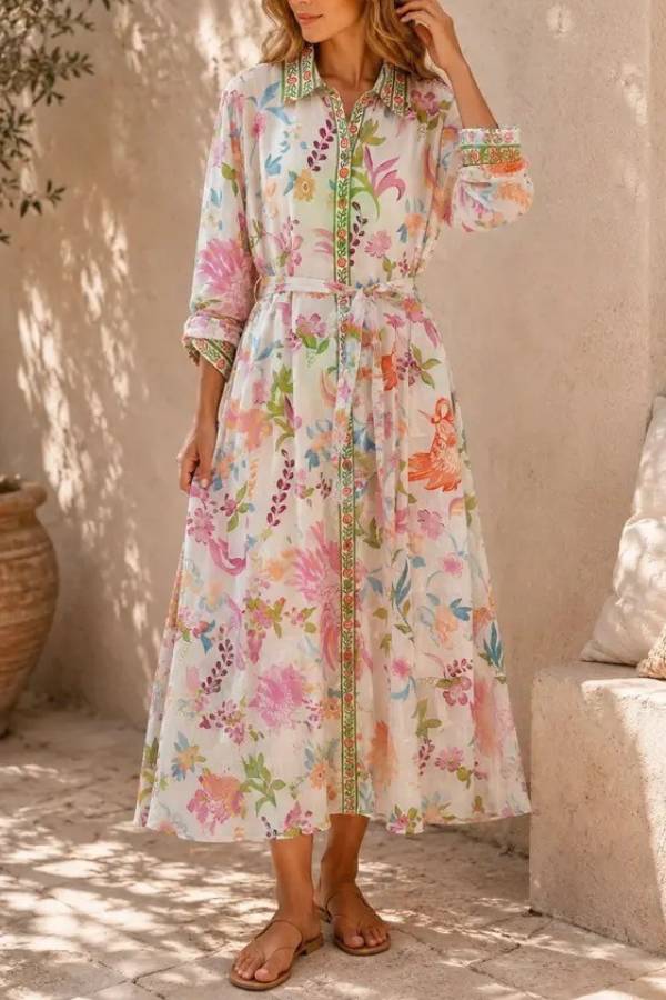 Bohemian Floral Bird Print Shirt Dress With Waist Belt