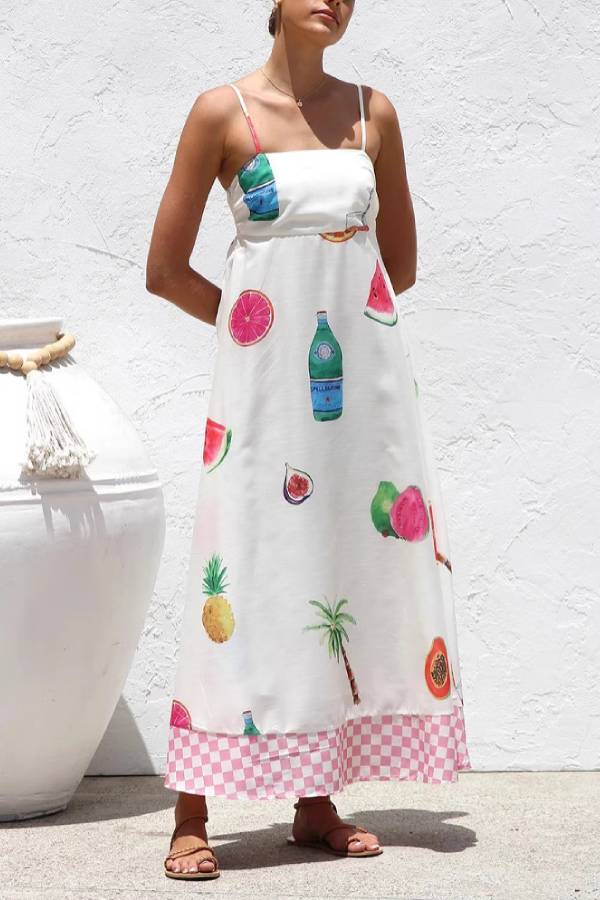 Vacation Style Fruit & Drink Print Spaghetti Strap Maxi Dress