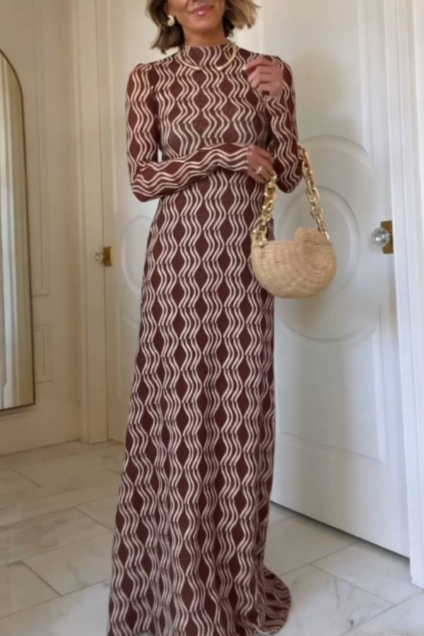 Mock Neck Wave Print Sheer Long Sleeve Maxi Dress