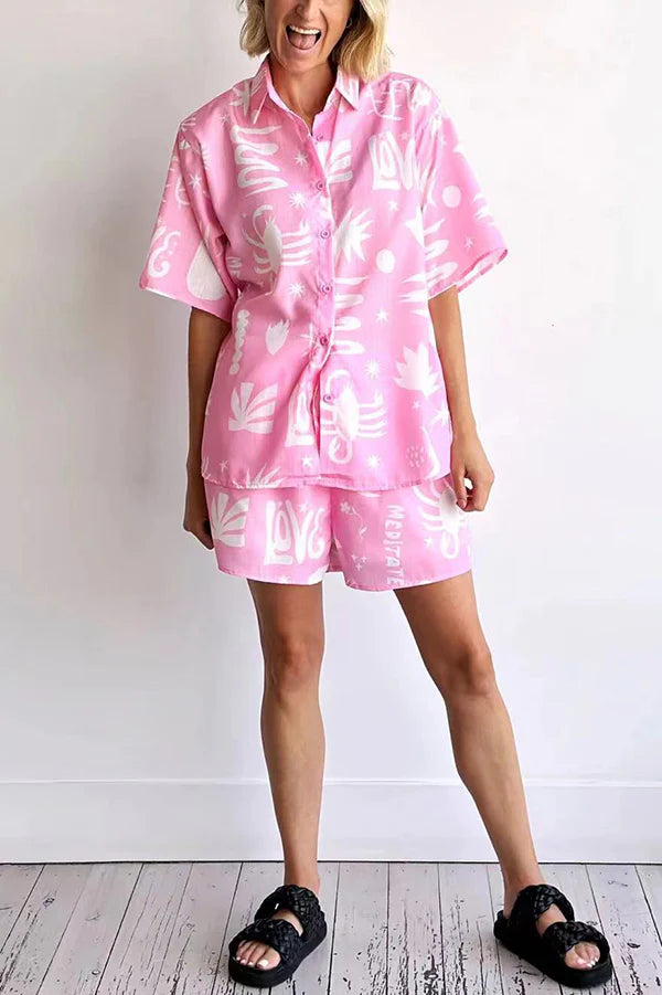 Unique Print Short Sleeve Top and Elastic Waist Loose Shorts Set Pink