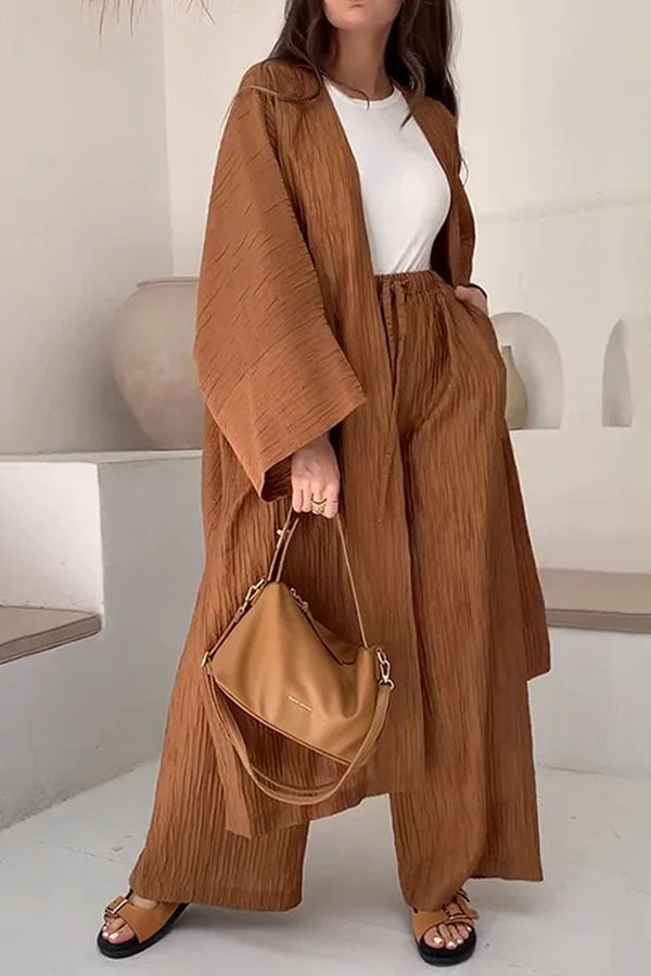 Fashion Long Slit Cardigan Casual Two-Piece Set Brown