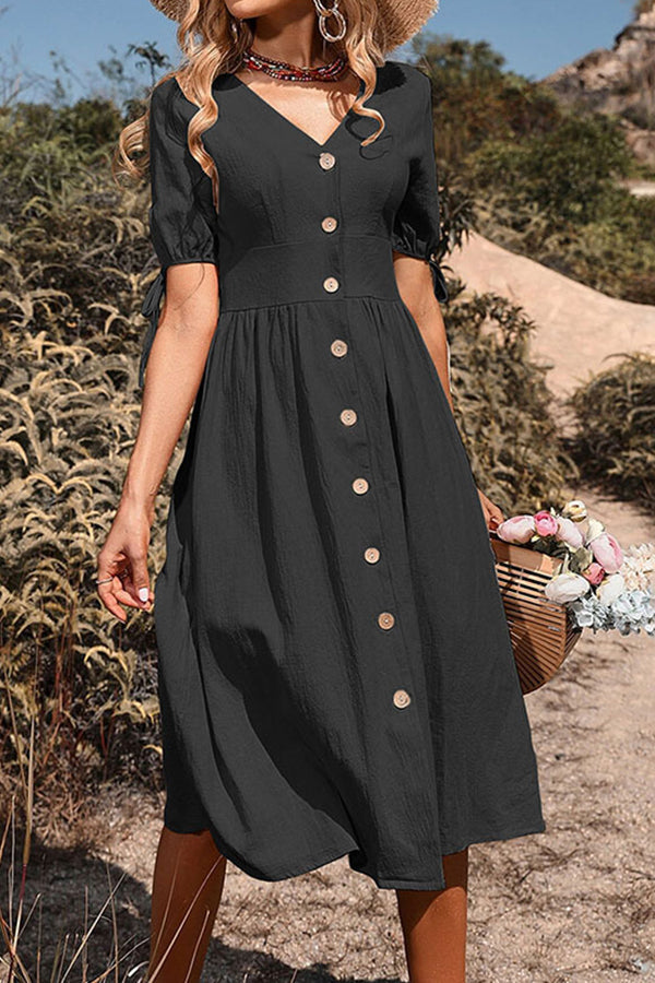 Short-sleeved v-neck solid color cotton and linen dress Black