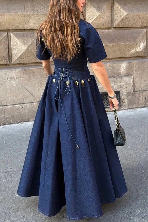 Custom Look Denim Unique Metal Pattern Buttons Slit Half Sleeve Crop Jacket